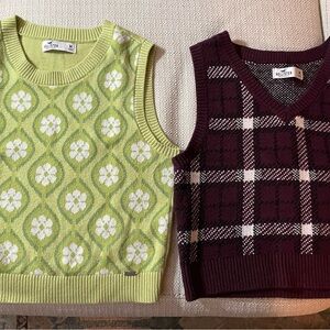 Set of Two Hollister Green Floral and Purple Plaid Sweater Vests Size Medium